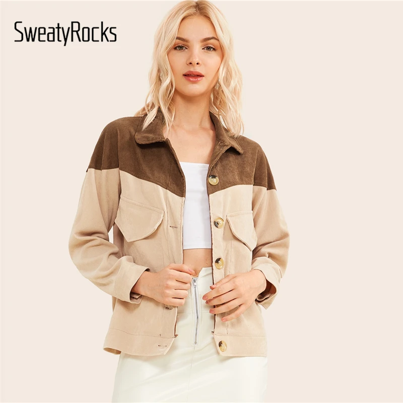 SweatyRocks двухцветная Вельветовая куртка с двойным клапаном спереди, уличная одежда, женские куртки цвета хаки, осень, однобортные повседневные пальто