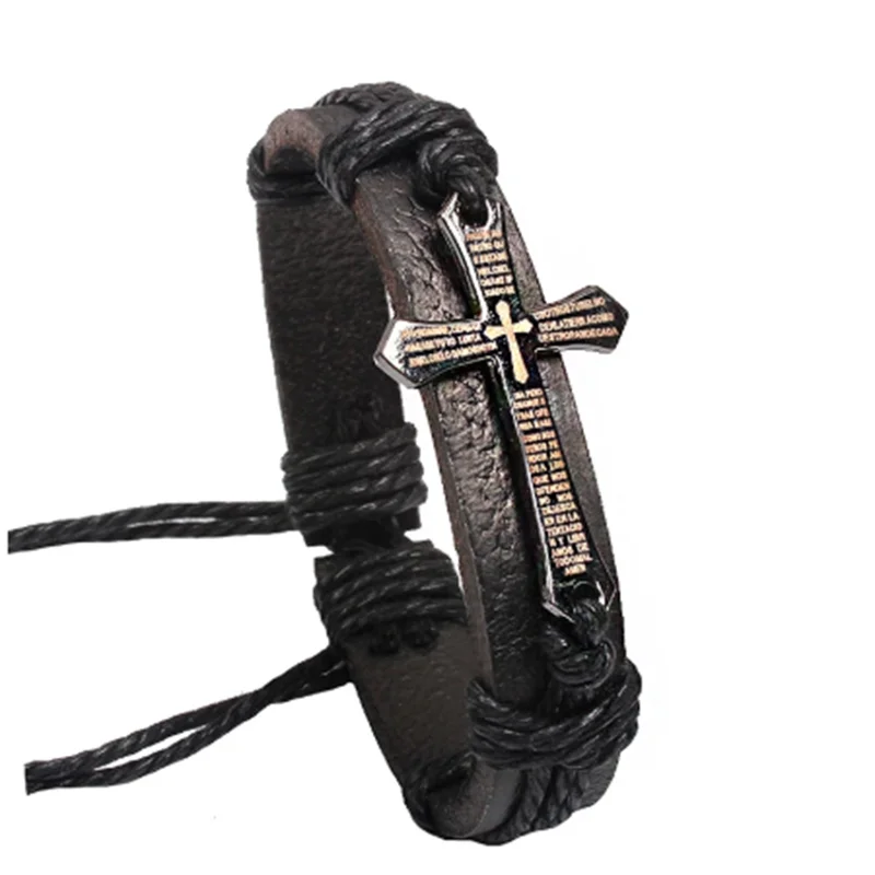 

New Fashion Men Jewelry Vintage Leather Bracelets & Bangles Metal Cross Bracelet Adjustable Wax Cord Brown Black wholesale