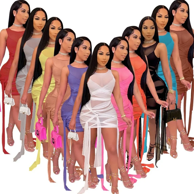 

2021 Bandage Cross Women Drawstring Patchwork Sleeveless Midi Mesh See Though Dress Streetwear Sexy Mini Bodycon Dresses Summer