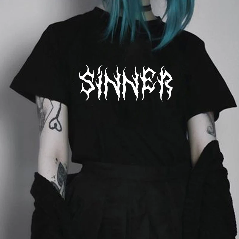 Футболка женская с надписью Sinner свободная повседневная модная футболка в стиле