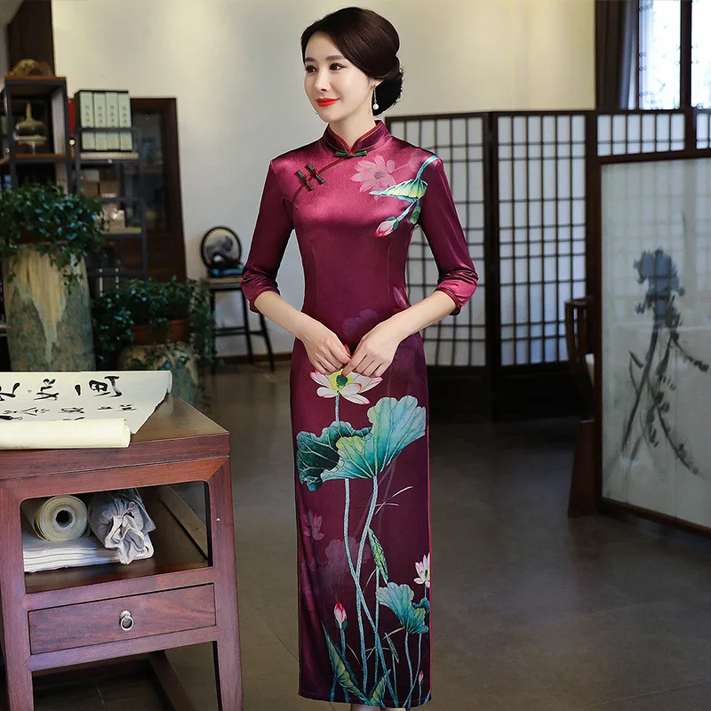 Big Size 4XL Vintage Chinese Traditional Women Velour Flower Qipao Mandarin Collar Cheongsam Novelty Formal Dress | Тематическая
