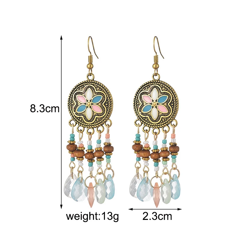 

Boho Vintage Flower Round Geometric Drop Dangle Earings Handmade Wooden Beads Water Drop Tassel Gypsy Ethnic Bohemian Jewelry