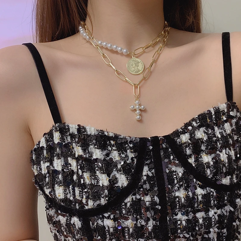 Жемчужная монета с крестом двойным Слои Цепочки и ожерелья для женщин в