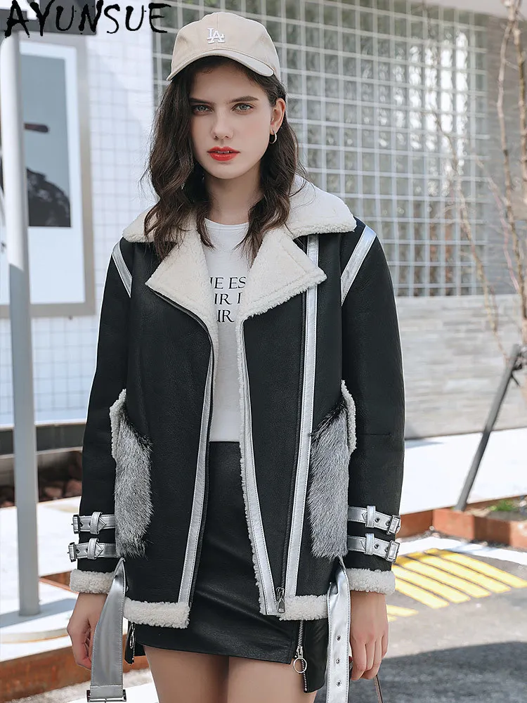 

AYUNSUE пальто с натуральным мехом, женская короткая овчина, осенне-зимняя одежда, мотоциклетные куртки для женщин 2020, Ropa De Mujer 02