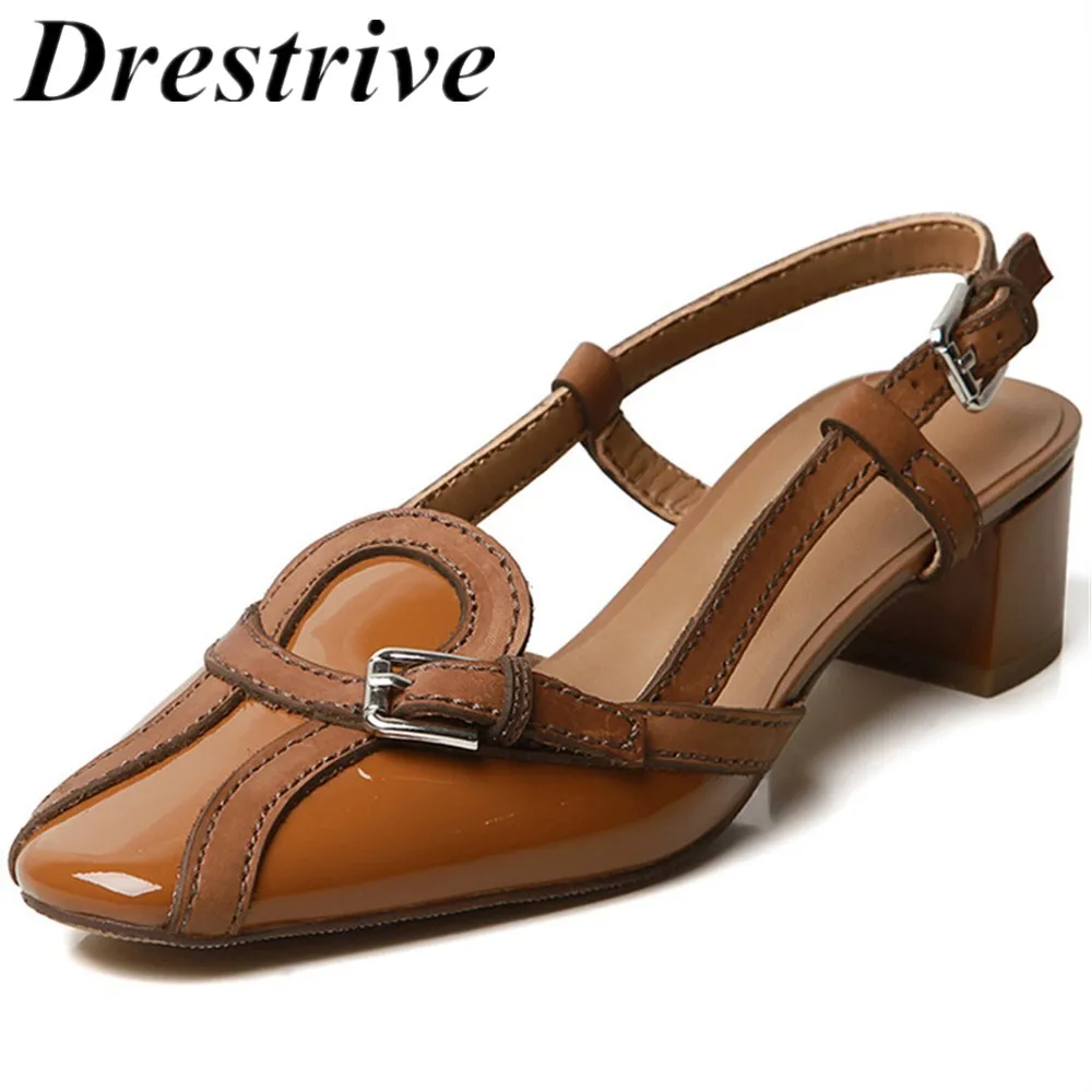 

Drestrive Women Sandals Buckle 2020 Summer Cow Leather Low Heels 4.5 cm Patchwork Thick Heels Dress Genuine Leather Brown