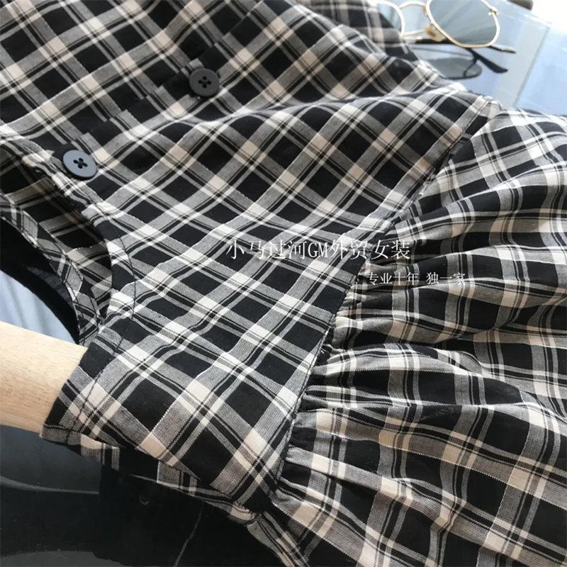 

2021 Summer Women's Casual Loose 2 Piece Sets Back Button Long Sleeve Plaid Shirt Tops And Black High Waist Suit Shorts Female