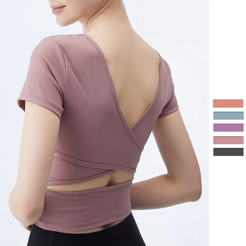 

Sports Underwear Nylon Nude Feeling New Yoga Clothes With Chest Pad Sports T-Shirt Women's Tight-Fitting Short-Sleeve
