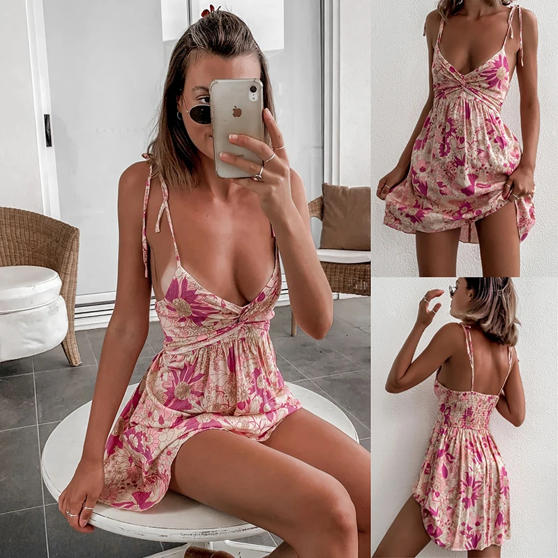 

Spaghetti Strap Dress Women Floral Print Casual Sleeveless Summer Beach Dress Female Sexy Deep V Neck High Waist Party Vestidos