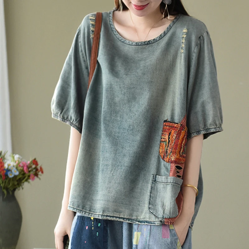 Women T-shirt Summer Loose Casual Denim Tops 2020 New O-Neck Short Sleeve Spliced hole Retro All-match | Женская одежда