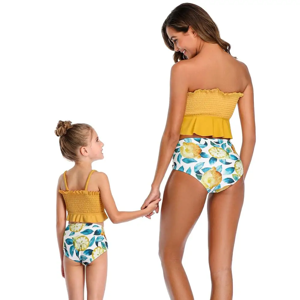 

Green Matching Family Bathing Suit Beadeau Ruffled Cropped High Waist Swimsuit 3-14 Years Girls Bikini Set Mommy and Me Swimwear