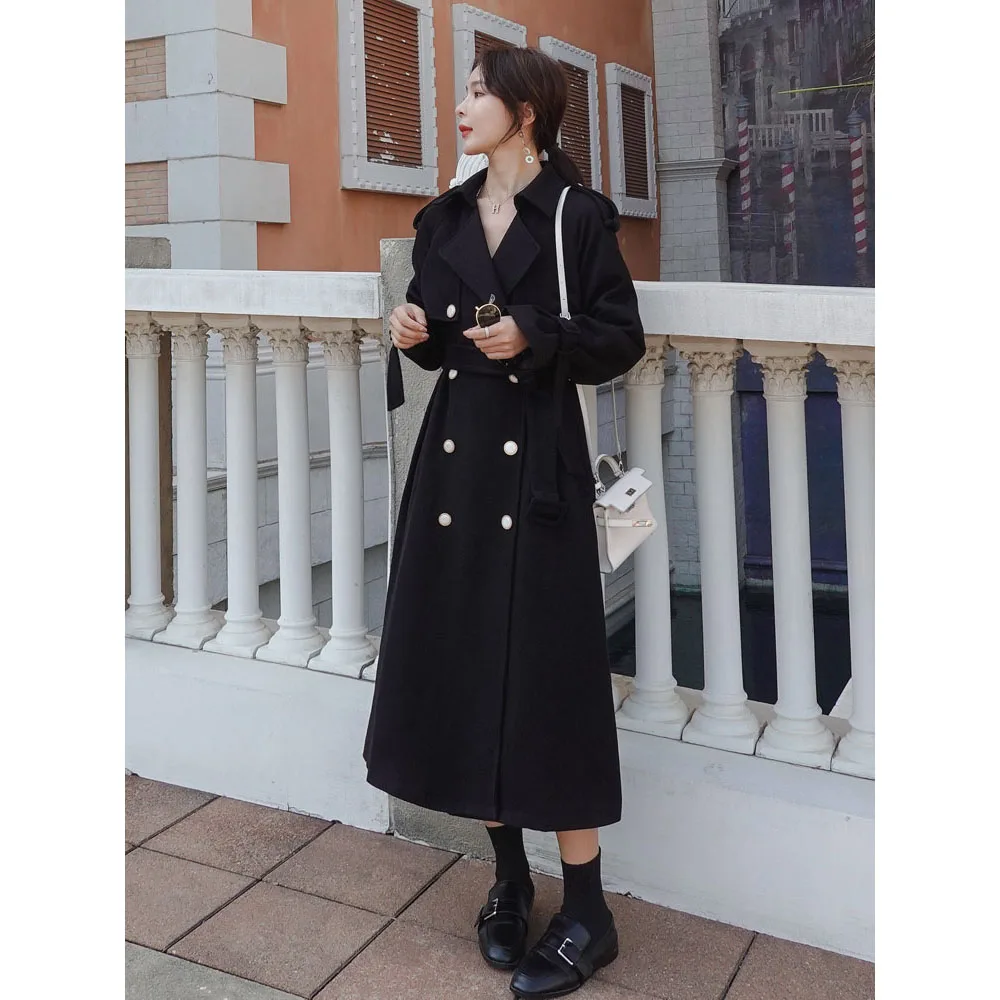Женский двубортный Тренч с поясом длинное пальто в британском стиле отложным