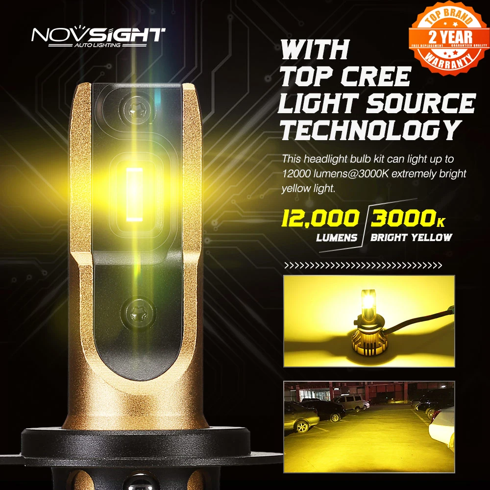 NOVSIGHT 3000K H4 LED H7 H11 H8 HB4 H1 H3 HB3 H13 HB5 автомобильные лампы для фар машины 72 Вт 12000 лм