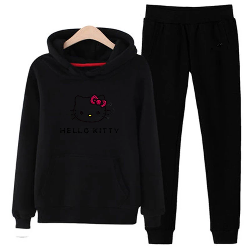 T11 3xl плюс размер hello-kitty зимние женские 2 шт с длинным рукавом флисовые толстовки с капюшоном комплект пуловер костюм спортивные костюмы одежда - Цвет: Black