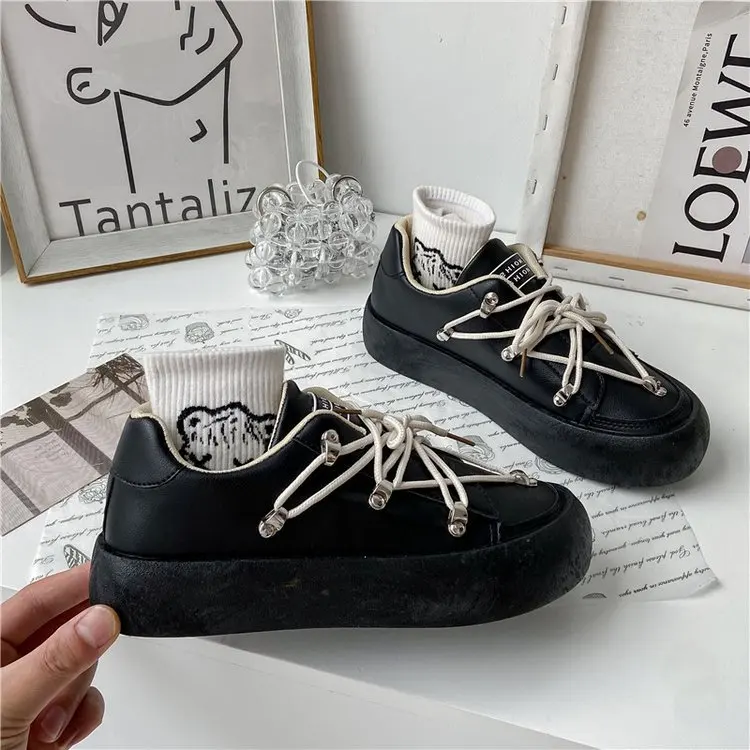Casual Spring/Autumn Womens Shoes 2021 Fashion Flats Round Toe Lace-up Thick Bottom Breathable All-match Solid High Quality PU