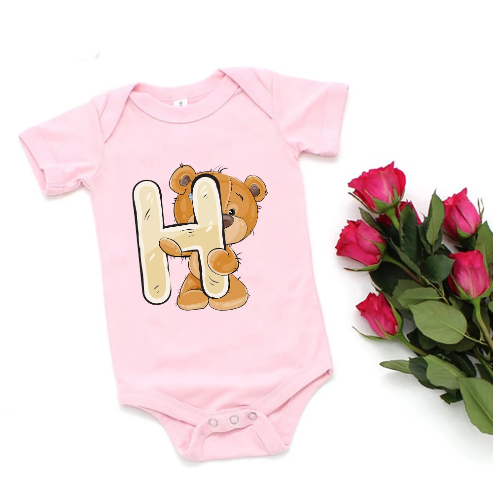 

Pink Baby Bodysuit Fashion Bear Letter Boy Girl Clothes Summer Casual Cute Birthday Gift Short Sleeve Toddler Newborn Romper