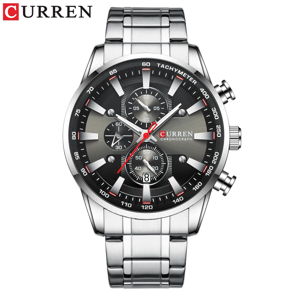 silver black CURREN Лидирующий бренд часы для мужчин модные кварцевые спортивные наручные часы с хронографом Дата часы из нержавеющей стали мужские часы - Цвет: silver black