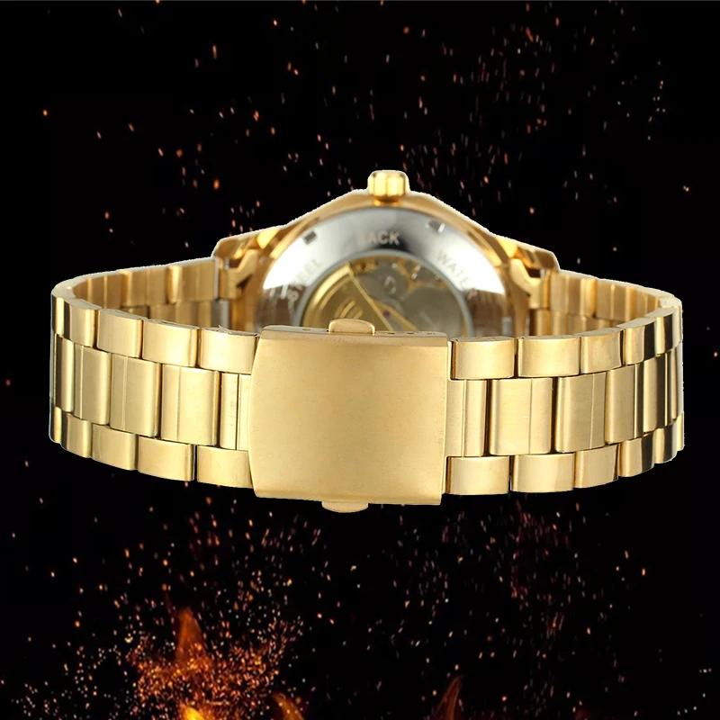 Мужские автоматические механические часы WINNER роскошные золотые из нержавеющей