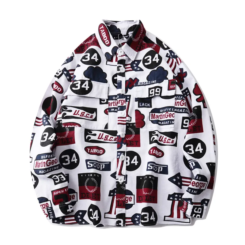 LINDSEY SEADER Creative Prints Long Sleeve Shirts Men Hip Hop Thick Dress Shirt Streetwear Hipster Fashion Casual Pockets | Мужская