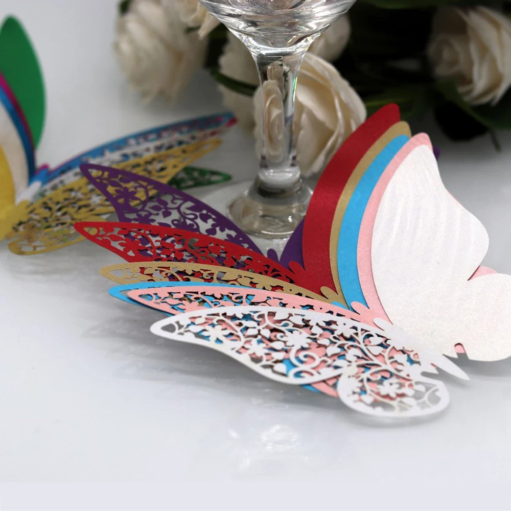 10PCS Butterfly Hollow Cup Card Wedding Laser Seat Insert Wall Sticker Decorative Name Date Custom Party Table | Дом и сад