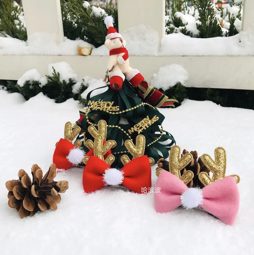 

Christmas Headwear High Quality Antlers Christmas Tree Baby Card Girl Bow Hairpin 3-piece Set