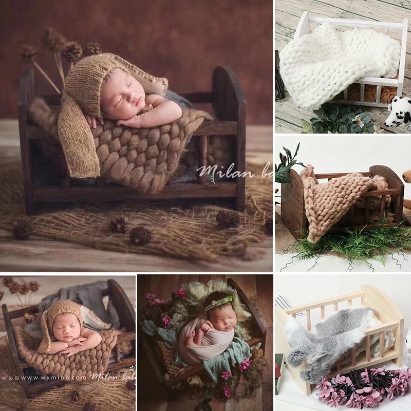 

Handmade Newborn Photography Bed And Blanket Baby Photo shooting Props Infant Photo Studio Wood Crib Basket Accessories