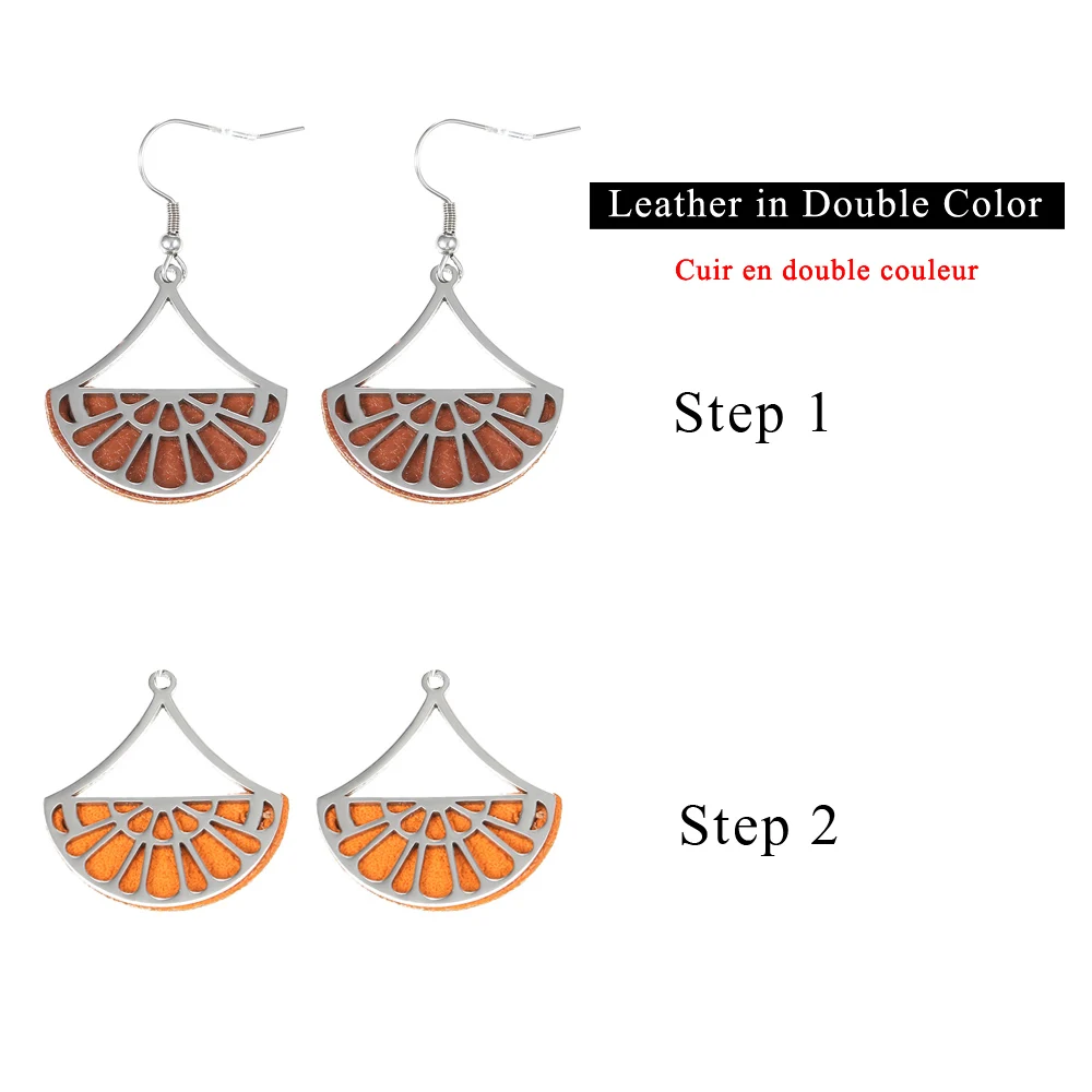 Orange and Brown Cremo Stainless Steel Geometric Fan Pendant Earrings for Women Georgette Drop Hanging Earrings Leather Dangle Earrings Jewelry - Metal Color: Orange and Brown