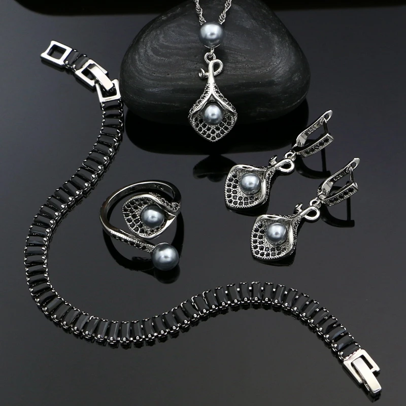 925 Silver Bridal Jewelry Sets Grey Pearl Beads Black CZ For Women Earrings Pendant Necklace Bracelet Open Ring
