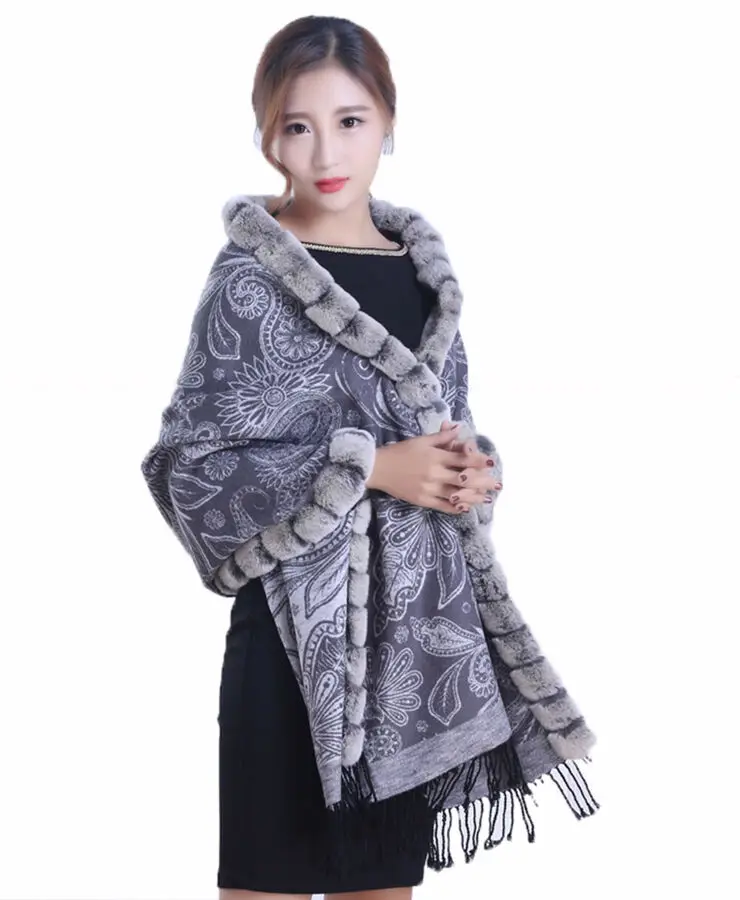 Style 4 Женские зимние шали и обертывания натуральный шелк+ Настоящий мех кролика отделка накидка/пончо мягкие 10 цветов - Цвет: Style 4