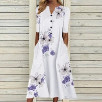 women vintage floral pattern print beach dress summer fashion short sleeve a line dress elegant v neck pocket loose long dresses