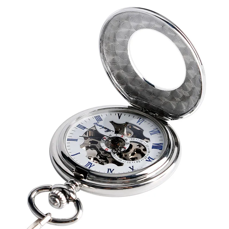 Vintage Silver Smooth Case Half Hunter Unisex Automatic Mechancial Pocket Watches with Roman Numbers Pendant Skeleton Chain Gift
