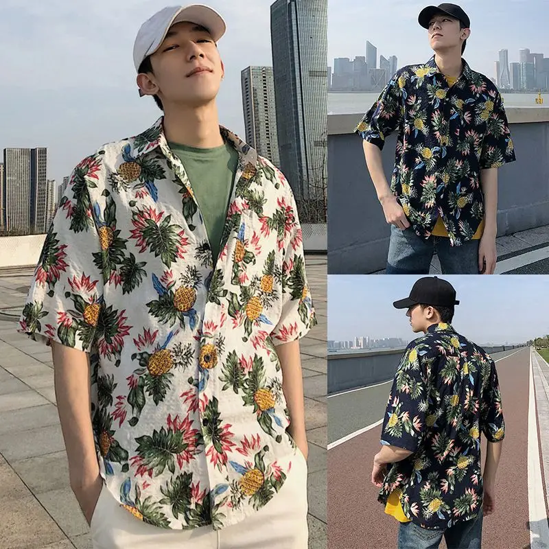 

Men Fashion Summer Shirts Leaves Flower Pineapple Print Loose Short Sleeve Shirt Male Hawaiian Style Beach Shirt