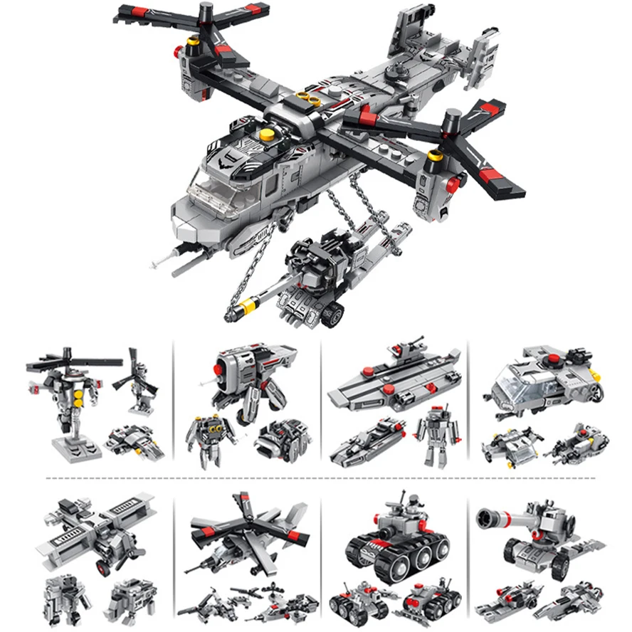 

New American Military Aircraft Series 570pcs 8IN1 Simulation Bell V-22 Osprey Transporter Building Blocks Bricks Toys For Boys