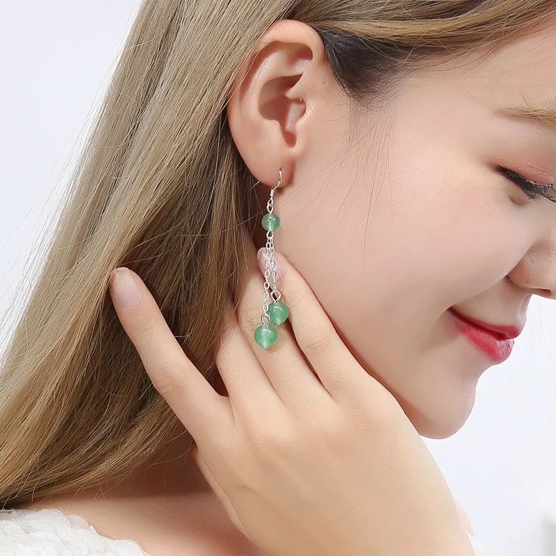 Женские Висячие серьги из натурального нефрита S925 серебряного цвета с зелеными