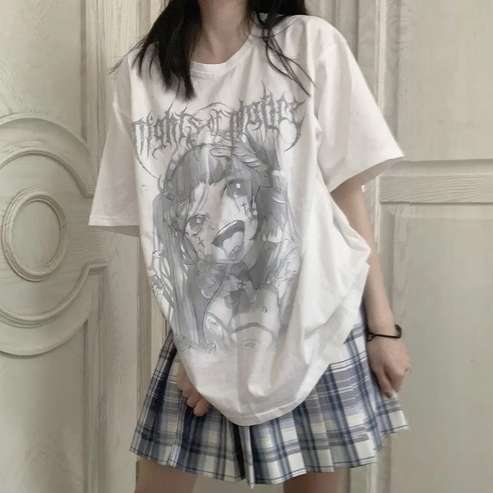 

E18 Japanese summer cartoon dark casual tees hip-hop letter print short-sleeved casual Vintage tops T-shirt