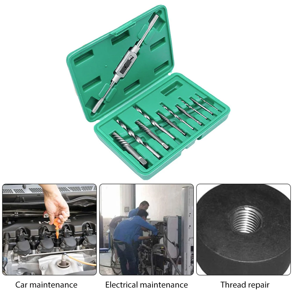 

11pcs Broken Rusty Screw Bolt Extractor Set Stripped Stud Remover with Drill Bit Damaged Tap Pipe Faucet Repair Handle Tool Kits