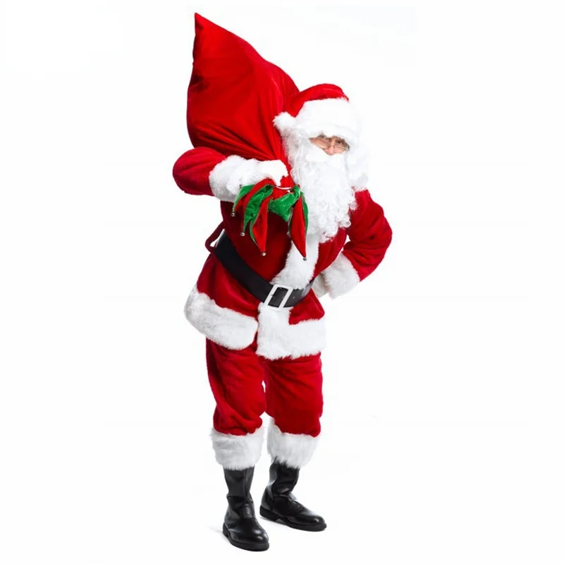 Santa Claus Costume Suit Plush Father Fancy Clothes Xmas Cosplay Props Men Coat Pants Beard Belt Hat Christmas Set | Тематическая
