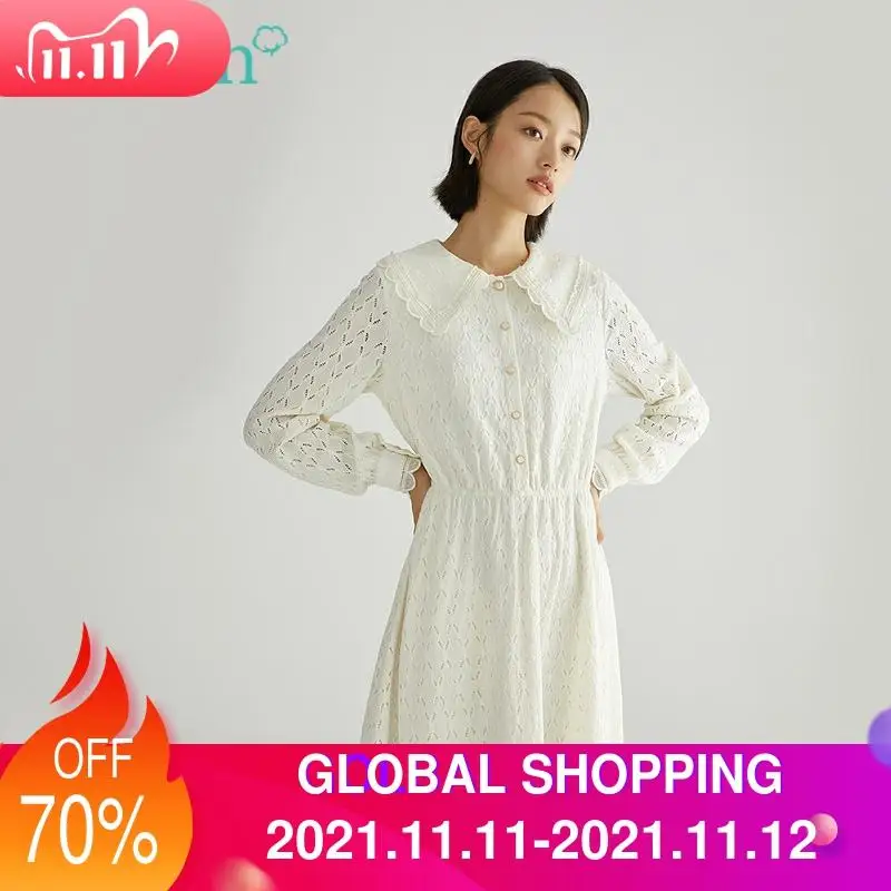 

INMAN Spring Autumn Dress Women French Elegant Hollow Jacquard Embroidery Lapel Long Sleeve Pastoral Light Beige One-Piece