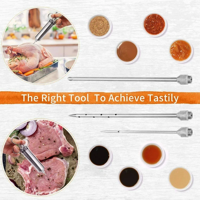 

Promotion! 2 OZ Stainless Steel Meat Injector Turkey Steak Marinade Flavor Syringe Needle BBQ Cooking Kit