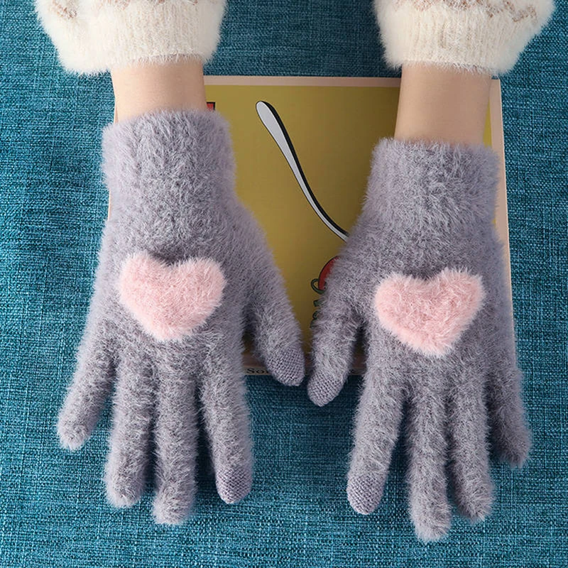 

Gloves Knitted Women Touch Screen 2022 New Winter Soft Rabbit Wool Knitted Gloves Warm Lovely Girls' Pink Heart Mittens Gloves