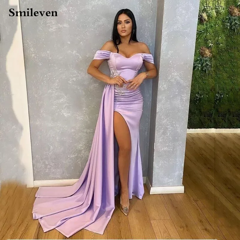 

Smileven Purple Pleats Lace Formal Evening Dress Off The Shoulder Saudi Arabia Prom Dresses Side Split Dubai Celebrity Dresses