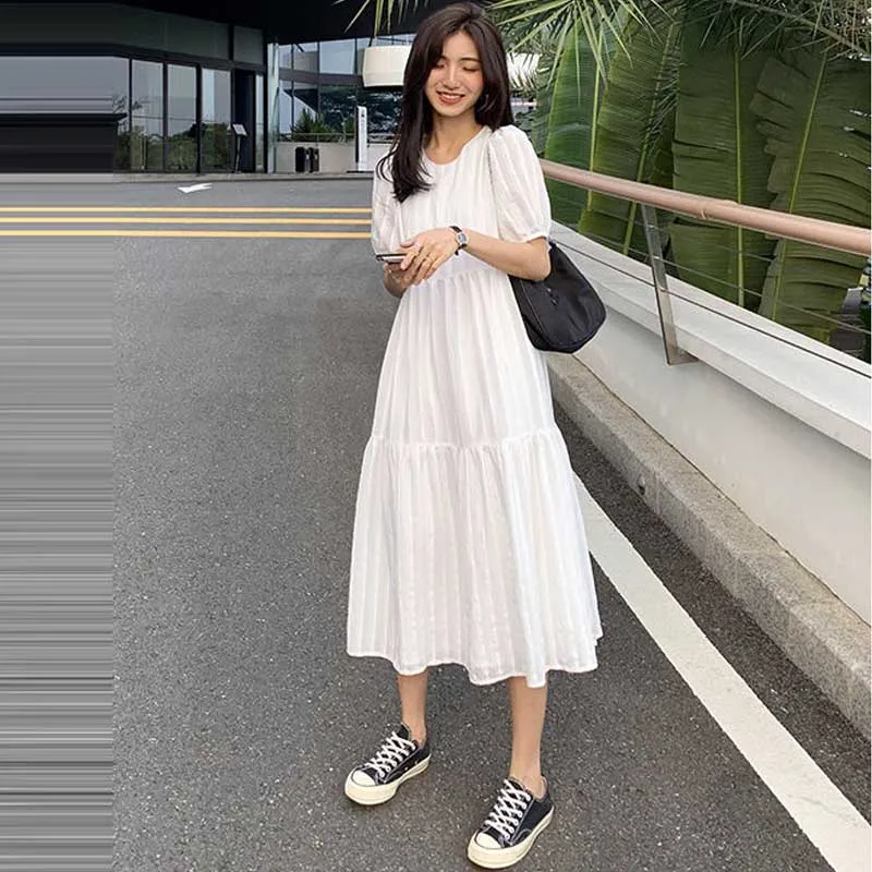 

Elegant Sweet Women White Dress Sundress 2021 New French Fashion Office Dress One-Piece Female Summer Korean Midi Dress Ladies