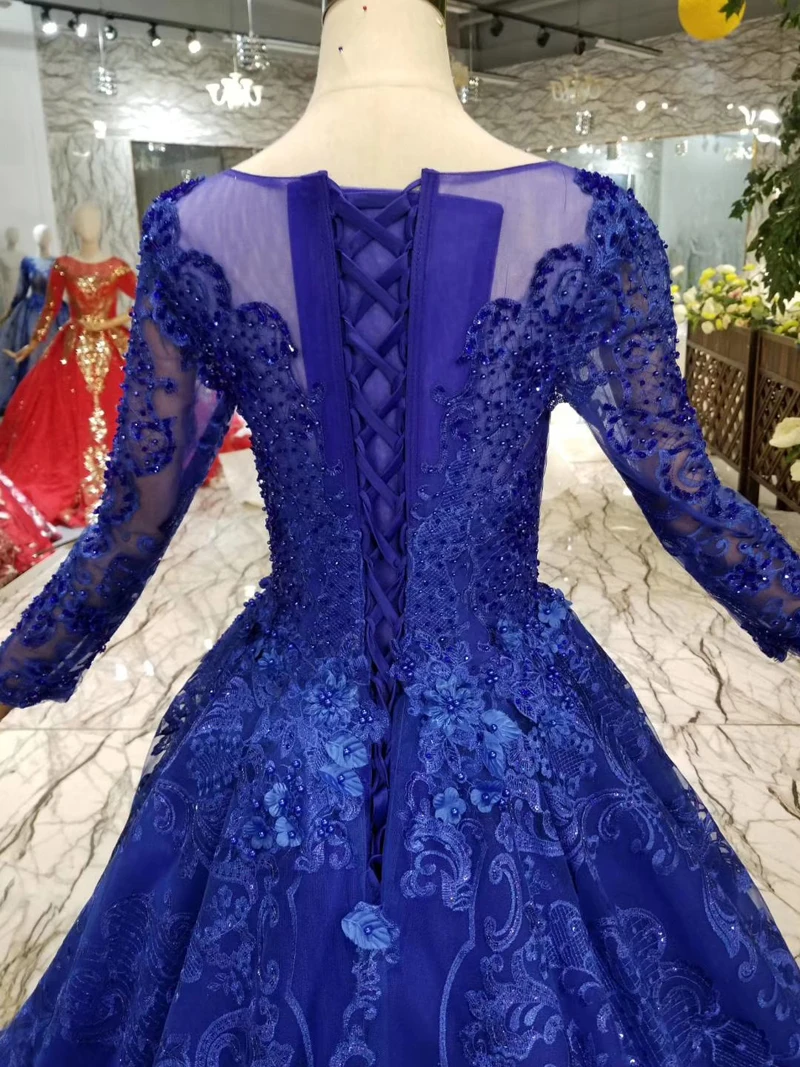 BGW 22718ht Blue Mother Of The Bride Dresses With Train O Neck Long Sleeve Muslim Ladies Party Gown Long 2020 New Fashion Design