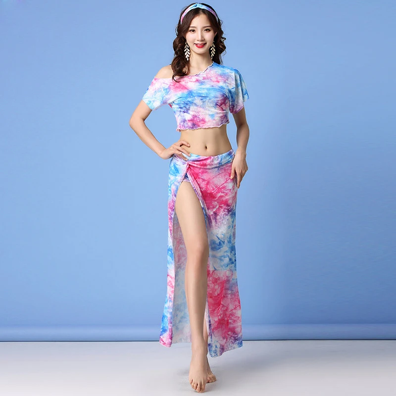 Fuchsia blue long Женская дешевая одежда класса топ с открытыми плечами и юбка с Боковым Разрезом набор костюма для танца живота для девочек(с шортами - Цвет: Fuchsia blue long