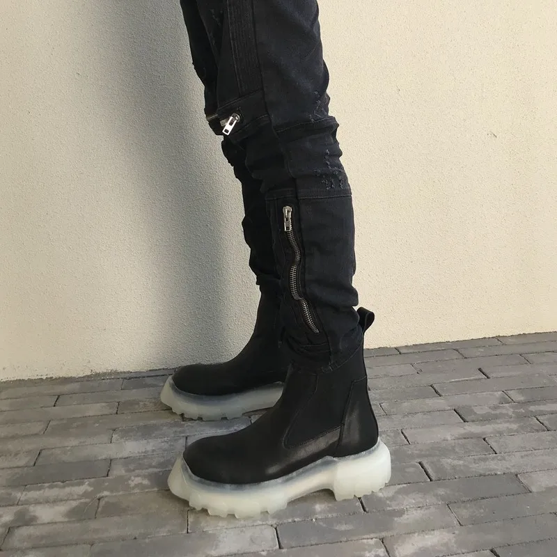 Мужские Ботильоны челси на прозрачной платформе 6 см винтажные черные байкерские