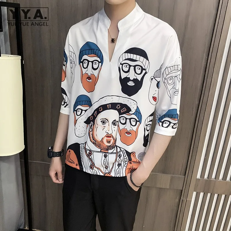 

Тонкая Свободная рубашка с графическим принтом, мужские летние повседневные белые рубашки с коротким рукавом и воротником-стойкой, уличный...