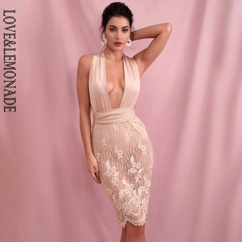 Сексуальное мини-платье LOVE &amp LEMONADE розовое золото с глубоким треугольным вырезом