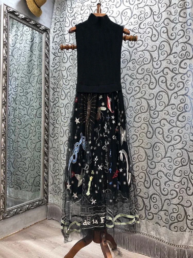 

New Top Quality 2021 Autumn Winter Long Party Evening Vestidos Dresses Women Sexy Tulle Mesh Embroidery Knitting Grey Maxi Dress