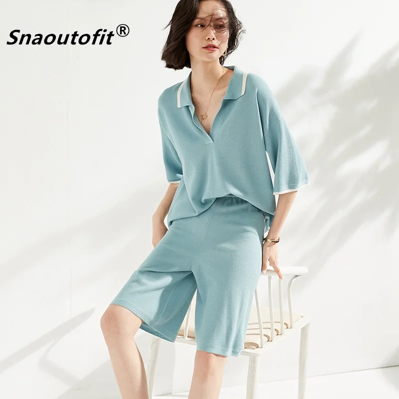 Summer Simple Casual Suit Thin Section Polo Collar Pure Wool Sweater Knitted T-Shirt Shorts Sports Two-Piece Female