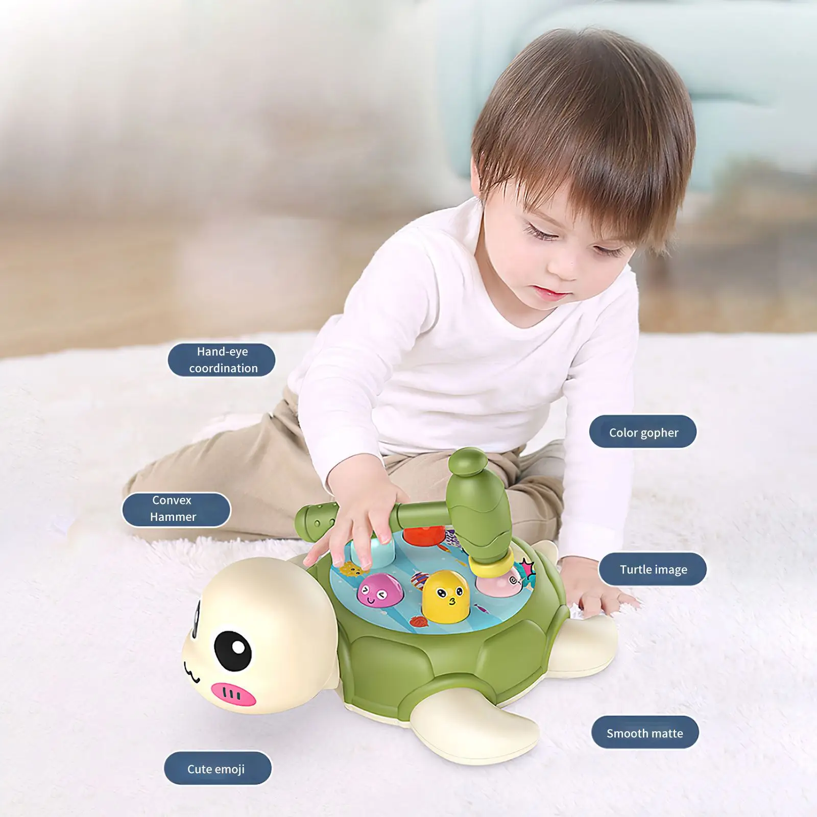 

Turtle-Shaped Hitting Toy Educational Interactive Whack A Game Anti-Drop Kids Hermmering and Pounding Toy Set Cartoon Style