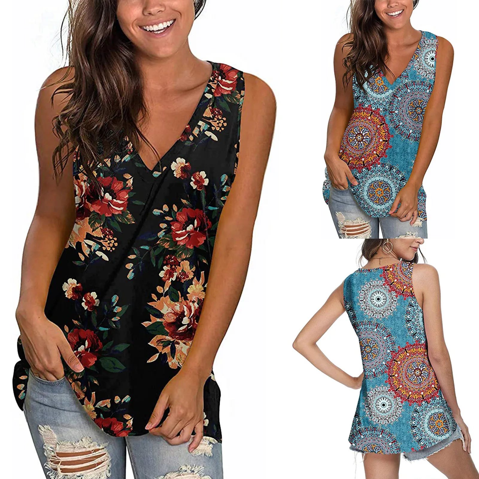 

Women Summer V-Neck Sleeveless Tank Tops Blouse Ladies Casual All-match Artistry Flowers Personalized Printing Lovely T-Shirt